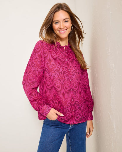 Tommy Bahama Best Price - Seaside Ikat Long-Sleeve Ruffle-Neck Top
